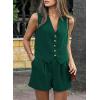 imagePRETTYGARDEN Womens Summer 2 Piece Outfits Sleeveless Matching Sets Button Down V Neck Vest Waistcoat and Pockets ShortsDark Green