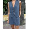 imagePRETTYGARDEN Womens Summer 2 Piece Outfits Sleeveless Matching Sets Button Down V Neck Vest Waistcoat and Pockets ShortsDenim Blue