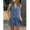 imagePRETTYGARDEN Womens Summer 2 Piece Outfits Sleeveless Matching Sets Button Down V Neck Vest Waistcoat and Pockets ShortsDenim Blue
