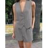 imagePRETTYGARDEN Womens Summer 2 Piece Outfits Sleeveless Matching Sets Button Down V Neck Vest Waistcoat and Pockets ShortsGrey