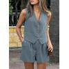 imagePRETTYGARDEN Womens Summer 2 Piece Outfits Sleeveless Matching Sets Button Down V Neck Vest Waistcoat and Pockets ShortsGrey Blue