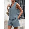 imagePRETTYGARDEN Womens Summer 2 Piece Outfits Sleeveless Matching Sets Button Down V Neck Vest Waistcoat and Pockets ShortsGrey Blue