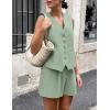 imagePRETTYGARDEN Womens Summer 2 Piece Outfits Sleeveless Matching Sets Button Down V Neck Vest Waistcoat and Pockets ShortsLight Green