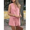 imagePRETTYGARDEN Womens Summer 2 Piece Outfits Sleeveless Matching Sets Button Down V Neck Vest Waistcoat and Pockets ShortsPink