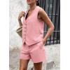 imagePRETTYGARDEN Womens Summer 2 Piece Outfits Sleeveless Matching Sets Button Down V Neck Vest Waistcoat and Pockets ShortsPink