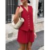 imagePRETTYGARDEN Womens Summer 2 Piece Outfits Sleeveless Matching Sets Button Down V Neck Vest Waistcoat and Pockets ShortsRed