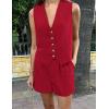 imagePRETTYGARDEN Womens Summer 2 Piece Outfits Sleeveless Matching Sets Button Down V Neck Vest Waistcoat and Pockets ShortsRed