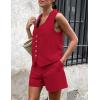imagePRETTYGARDEN Womens Summer 2 Piece Outfits Sleeveless Matching Sets Button Down V Neck Vest Waistcoat and Pockets ShortsRed