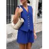 imagePRETTYGARDEN Womens Summer 2 Piece Outfits Sleeveless Matching Sets Button Down V Neck Vest Waistcoat and Pockets ShortsRoyal Blue