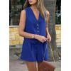 imagePRETTYGARDEN Womens Summer 2 Piece Outfits Sleeveless Matching Sets Button Down V Neck Vest Waistcoat and Pockets ShortsRoyal Blue