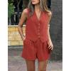 imagePRETTYGARDEN Womens Summer 2 Piece Outfits Sleeveless Matching Sets Button Down V Neck Vest Waistcoat and Pockets ShortsRust Red