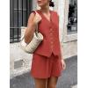 imagePRETTYGARDEN Womens Summer 2 Piece Outfits Sleeveless Matching Sets Button Down V Neck Vest Waistcoat and Pockets ShortsRust Red