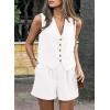 imagePRETTYGARDEN Womens Summer 2 Piece Outfits Sleeveless Matching Sets Button Down V Neck Vest Waistcoat and Pockets ShortsWhite
