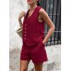 imagePRETTYGARDEN Womens Summer 2 Piece Outfits Sleeveless Matching Sets Button Down V Neck Vest Waistcoat and Pockets ShortsWine Red