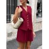 imagePRETTYGARDEN Womens Summer 2 Piece Outfits Sleeveless Matching Sets Button Down V Neck Vest Waistcoat and Pockets ShortsWine Red