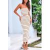 imagePRETTYGARDEN Womens Summer Midi Bodycon Dress Strapless Cut Out Knit Tube Long Fitted DressesStriped White Khaki