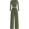 imagePRETTYGARDEN Womens 2025 Fall Trendy 2 Piece Outfits Lounge Sets Long Sleeve Top Henley Shirts Wide Leg Pants Travel ClothesArmy Green