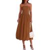 imagePRETTYGARDEN Womens 2025 Summer Strapless Tube Midi Dress Smocked A Line Bubble Long Flowy Casual Elegant Party DressesBrown