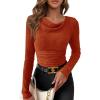 imagePRETTYGARDEN Womens Long Sleeve Cowl Neck Ribbed Knit Fall Shirts Slim Fit Ruched Going Out Crop Tops Basic TShirtsBurnt Orange