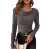 imagePRETTYGARDEN Womens Long Sleeve Cowl Neck Ribbed Knit Fall Shirts Slim Fit Ruched Going Out Crop Tops Basic TShirtsDark Grey