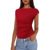 imagePRETTYGARDEN Womens Ruched Crop Tank Tops 2025 Summer Trendy Cap Sleeve Ribbed Knit Basic Fitted Going Out Tee ShirtsRed