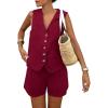 imagePRETTYGARDEN Womens Summer 2 Piece Outfits Sleeveless Matching Sets Button Down V Neck Vest Waistcoat and Pockets ShortsWine Red