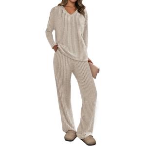 imagePRETTYGARDEN 2 Piece Sets for Women Fall 2025 Soft Comfy Lounge Long Sleeve Pajamas Set Knit Postpartum Pj Outfits ClothingApricot