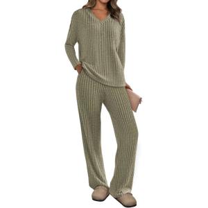 imagePRETTYGARDEN 2 Piece Sets for Women Fall 2025 Soft Comfy Lounge Long Sleeve Pajamas Set Knit Postpartum Pj Outfits ClothingArmy Green