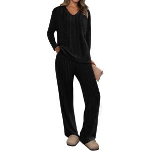 imagePRETTYGARDEN 2 Piece Sets for Women Fall 2025 Soft Comfy Lounge Long Sleeve Pajamas Set Knit Postpartum Pj Outfits ClothingBlack