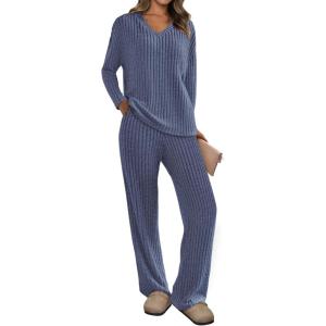 imagePRETTYGARDEN 2 Piece Sets for Women Fall 2025 Soft Comfy Lounge Long Sleeve Pajamas Set Knit Postpartum Pj Outfits ClothingDark Blue