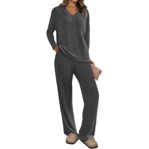 imagePRETTYGARDEN 2 Piece Sets for Women Fall 2025 Soft Comfy Lounge Long Sleeve Pajamas Set Knit Postpartum Pj Outfits ClothingDark Grey