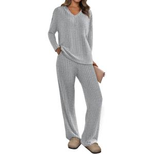 imagePRETTYGARDEN 2 Piece Sets for Women Fall 2025 Soft Comfy Lounge Long Sleeve Pajamas Set Knit Postpartum Pj Outfits ClothingGrey
