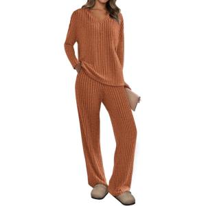 imagePRETTYGARDEN 2 Piece Sets for Women Fall 2025 Soft Comfy Lounge Long Sleeve Pajamas Set Knit Postpartum Pj Outfits ClothingYellow Brown