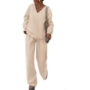 imagePRETTYGARDEN Casual Winter Two Piece Sets for Women 2025 V Neck Sweatshirt Loose Wide Leg Pants Tracksuit Knit Fall OutfitsBeige