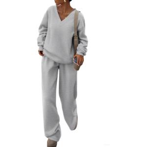 imagePRETTYGARDEN Casual Winter Two Piece Sets for Women 2025 V Neck Sweatshirt Loose Wide Leg Pants Tracksuit Knit Fall OutfitsGrey