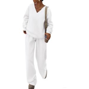 imagePRETTYGARDEN Casual Winter Two Piece Sets for Women 2025 V Neck Sweatshirt Loose Wide Leg Pants Tracksuit Knit Fall OutfitsWhite