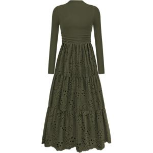 imagePRETTYGARDEN Long Sleeve Maxi Dress for Women 2025 Fall Eyelet A Line Elegant Classy Flowy Mock Neck Wedding Guest DressesArmy Green