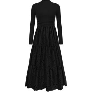 imagePRETTYGARDEN Long Sleeve Maxi Dress for Women 2025 Fall Eyelet A Line Elegant Classy Flowy Mock Neck Wedding Guest DressesBlack