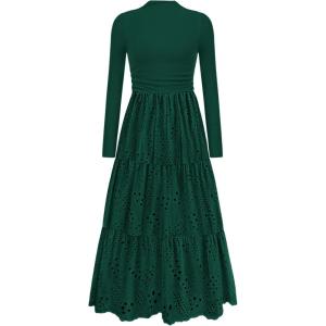 imagePRETTYGARDEN Long Sleeve Maxi Dress for Women 2025 Fall Eyelet A Line Elegant Classy Flowy Mock Neck Wedding Guest DressesDark Green