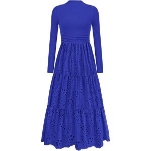 imagePRETTYGARDEN Long Sleeve Maxi Dress for Women 2025 Fall Eyelet A Line Elegant Classy Flowy Mock Neck Wedding Guest DressesRoyal Blue