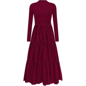 imagePRETTYGARDEN Long Sleeve Maxi Dress for Women 2025 Fall Eyelet A Line Elegant Classy Flowy Mock Neck Wedding Guest DressesWine Red