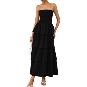 imagePRETTYGARDEN Maxi Dresses for Women 2025 Summer Off Shoulder Smocked Tiered Ruffle Long Flowy Wedding Guest DressBlack
