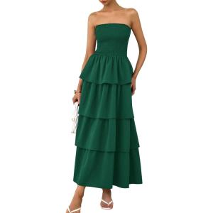 imagePRETTYGARDEN Maxi Dresses for Women 2025 Summer Off Shoulder Smocked Tiered Ruffle Long Flowy Wedding Guest DressDark Green