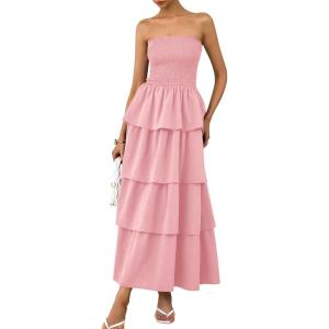 imagePRETTYGARDEN Maxi Dresses for Women 2025 Summer Off Shoulder Smocked Tiered Ruffle Long Flowy Wedding Guest DressPink