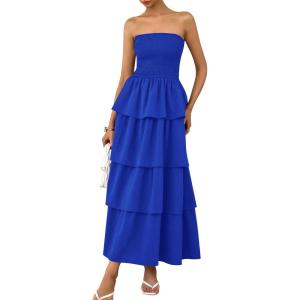 imagePRETTYGARDEN Maxi Dresses for Women 2025 Summer Off Shoulder Smocked Tiered Ruffle Long Flowy Wedding Guest DressRoyal Blue