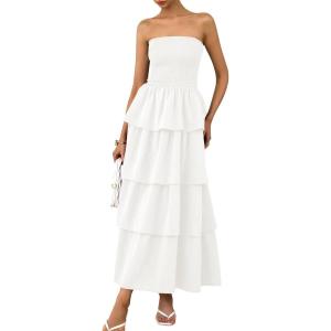 imagePRETTYGARDEN Maxi Dresses for Women 2025 Summer Off Shoulder Smocked Tiered Ruffle Long Flowy Wedding Guest DressWhite