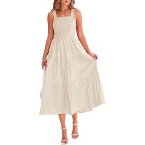 imagePRETTYGARDEN Midi Dress for Women 2025 Summer Smocked Ruffle A Line Long Flowy Dresses Cute Sleeveless Beach SundressApricot