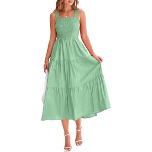 imagePRETTYGARDEN Midi Dress for Women 2025 Summer Smocked Ruffle A Line Long Flowy Dresses Cute Sleeveless Beach SundressBean Green