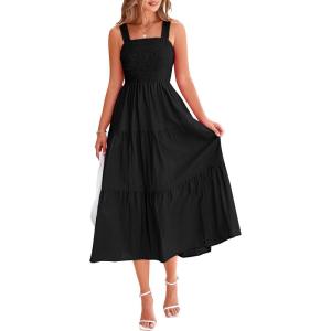 imagePRETTYGARDEN Midi Dress for Women 2025 Summer Smocked Ruffle A Line Long Flowy Dresses Cute Sleeveless Beach SundressBlack