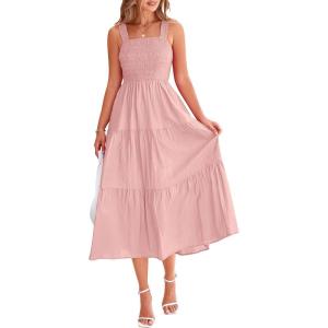 imagePRETTYGARDEN Midi Dress for Women 2025 Summer Smocked Ruffle A Line Long Flowy Dresses Cute Sleeveless Beach SundressPink